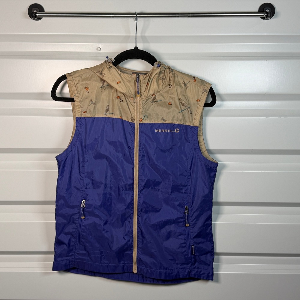 Merrell Windbreaker Vest Womens Medium Purple Tan Excellent Hooded Bug Print